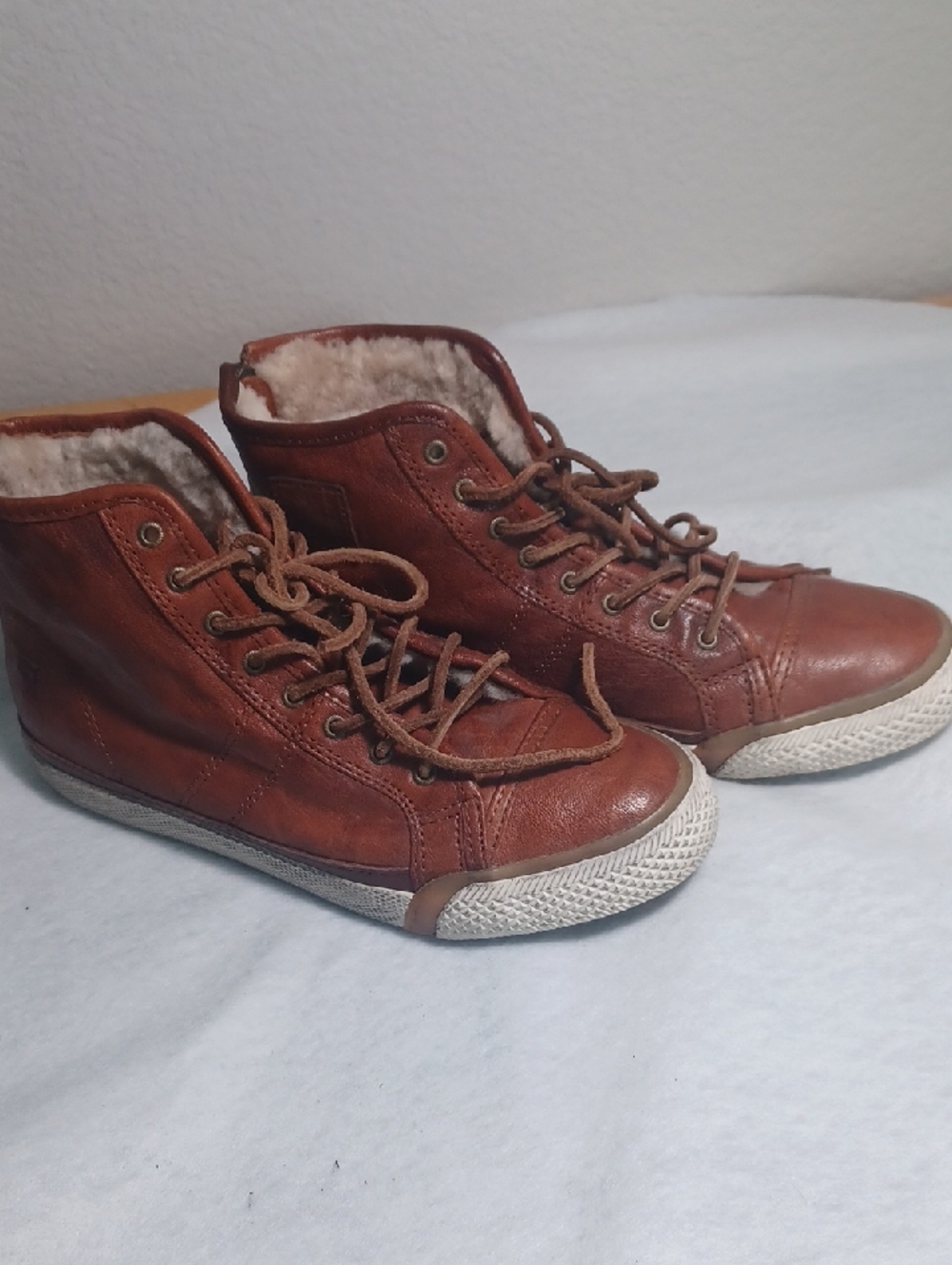 Brown Leather High-Top Sneakers with Shearling Lining